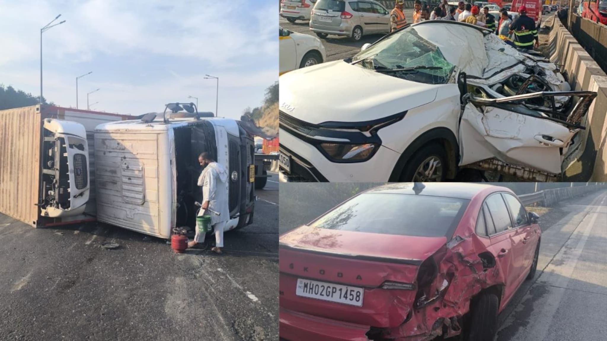 मुंबई पुणे-एक्स्प्रेस वेवर विचित्र अपघात, कंटेनरने 3 वाहनांना चिरडलं, Kia SUV चा चक्काचूर, घटनास्थळाचे PHOTOS