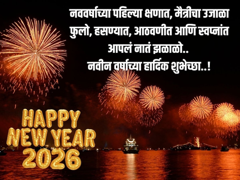 नववर्षाच्या पहिल्या क्षणात, मैत्रीचा उजाळा फुलो, हसण्यात, आठवणीत आणि स्वप्नांत आपलं नातं झळाळो.. नवीन वर्षाच्या हार्दिक शुभेच्छा..! नववर्षाच्या पहिल्या क्षणात, मैत्रीचा उजाळा फुलो, हसण्यात, आठवणीत आणि स्वप्नांत आपलं नातं झळाळो.. नवीन वर्षाच्या हार्दिक शुभेच्छा..!