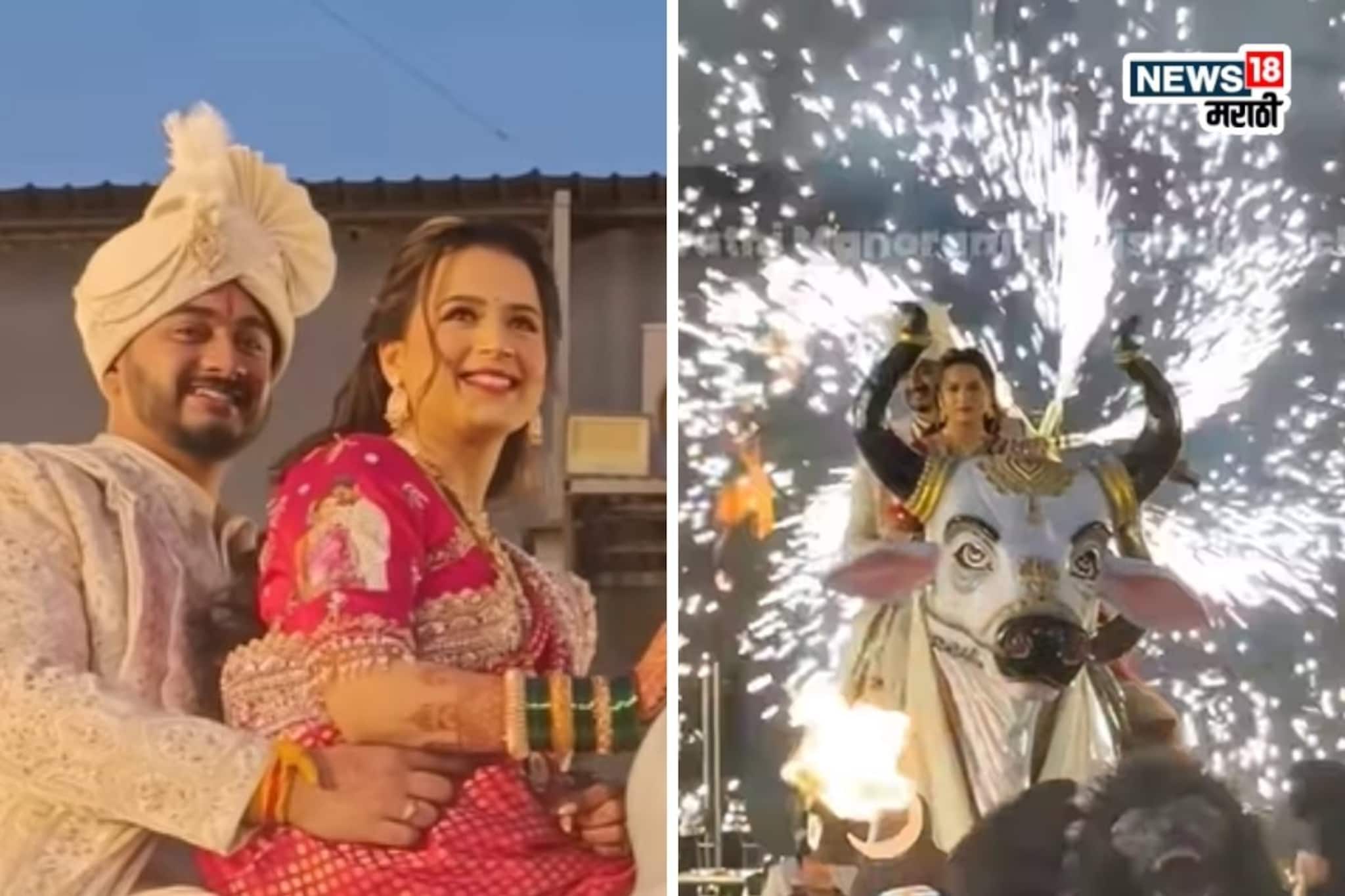 फटाक्यांची आतिषबाजी अन् नंदीवर बसून दणक्यात एन्ट्री, प्राजक्ताचं ग्रँड रिसेप्शन