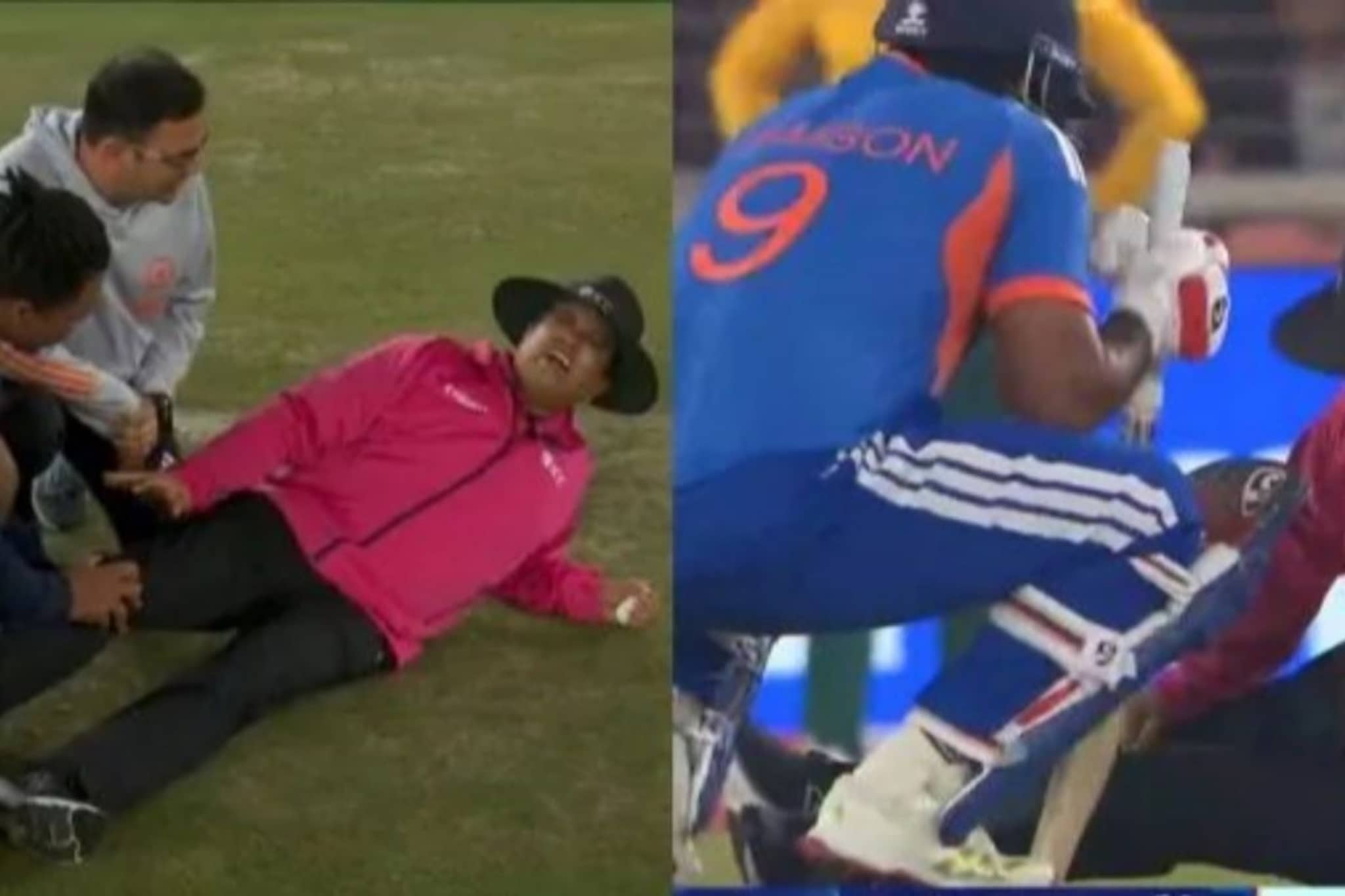 संजूचा शॉट लागताच अंपायर कोसळला, भारत-आफ्रिका मॅच थांबली, धक्कादायक Video