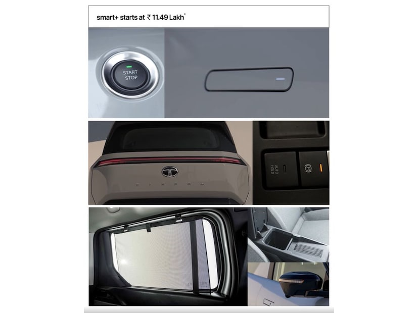  Tata Sierra ने दिलेला शब्द कायम राखला आहे, सुरवातीलं स्मार्ट + स्टार्ट मॉडेल हे अवघ्या 11.49 लाख रुपये एक्स शोरूम मुंबई या किंमती लाँच केलं आहे. हीच मुळ किंमत असणार आहे. या स्मार्ट + स्टार्ट व्हेरियंटमध्ये फ्लश डोअर, पुश स्टार्ट बटन आणि मागे लाँच डिएरल दिले आहे. 