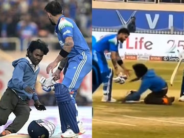 विराटच्या पाया पडणाऱ्याला पोलिसांचा दणका, पैसे वाचवून तिकीट काढलं, पण स्टंटबाजी महागात पडली! विराटच्या पाया पडणाऱ्याला पोलिसांचा दणका, पैसे वाचवून तिकीट काढलं, पण स्टंटबाजी महागात पडली!