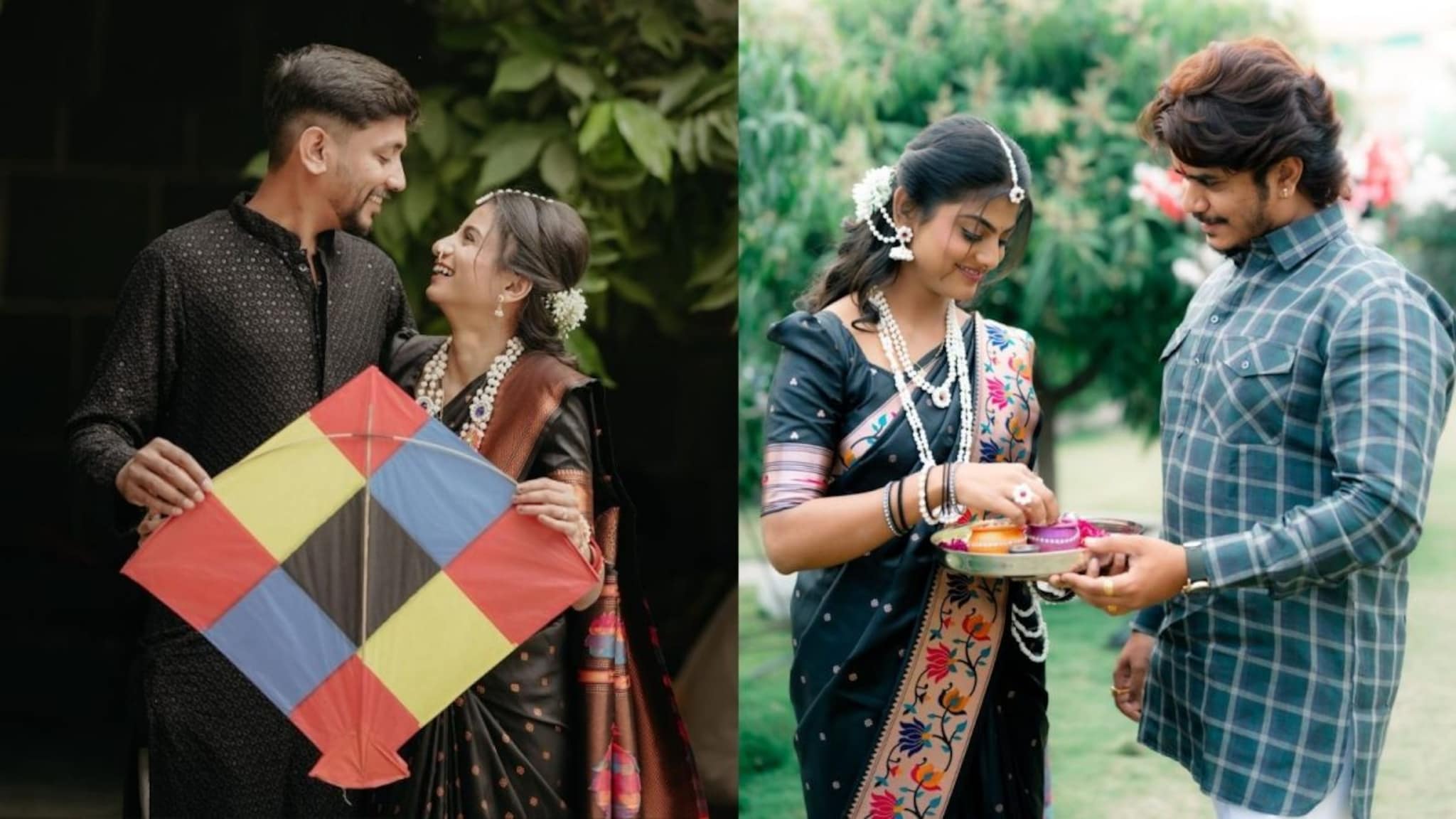 Makar Sankranti Couple Photo : लग्नानंतरच्या पहिल्या मकरसंक्रांतीच्या फोटोसाठी हटके कपल पोझ, आताच पाहून ठेवा