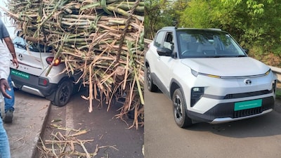 पुण्यातील चाकण इथं पुणे नाशिक महामार्गावर कुरुळी इथं संध्याकाळच्या सुमारास ही घटना घडली. या महामार्गावर ऊस वाहतूक करणारा टँक्टर ट्रॉली आणि टाटा पंच ईव्ही कारचा विचित्र अपघात झाला. (सचिन तोडकर, प्रतिनिधी)