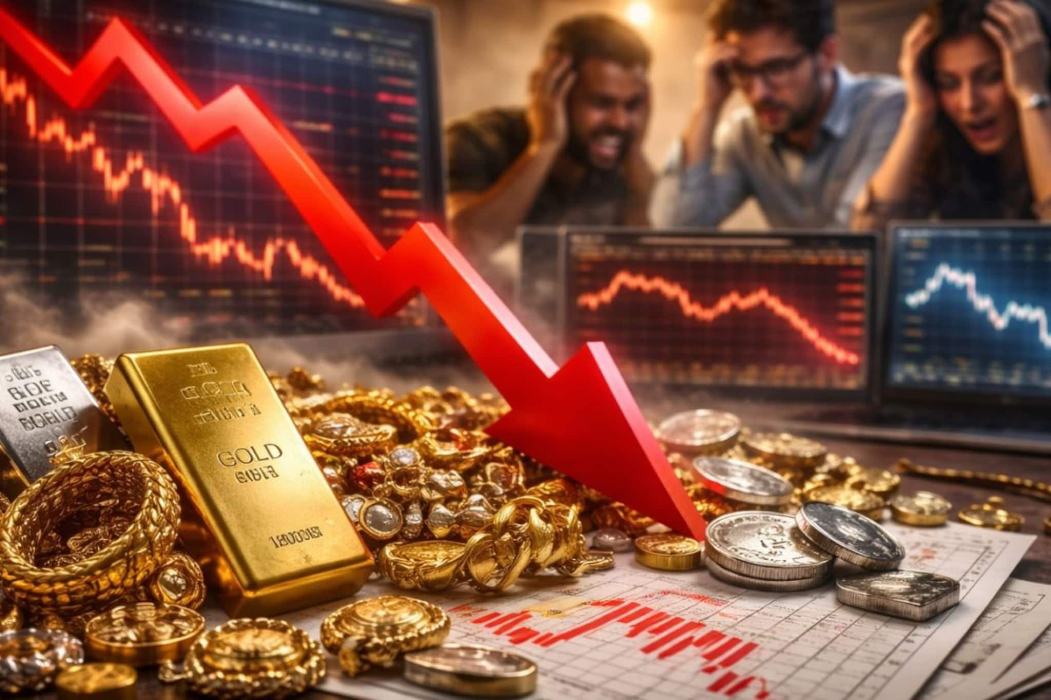 मेटल मार्केटमध्ये भूकंप, सोने-चांदीच्या किमतींमध्ये धक्का देणारी घसरण मेटल मार्केटमध्ये भूकंप, सोने-चांदीच्या किमतींमध्ये धक्का देणारी घसरण