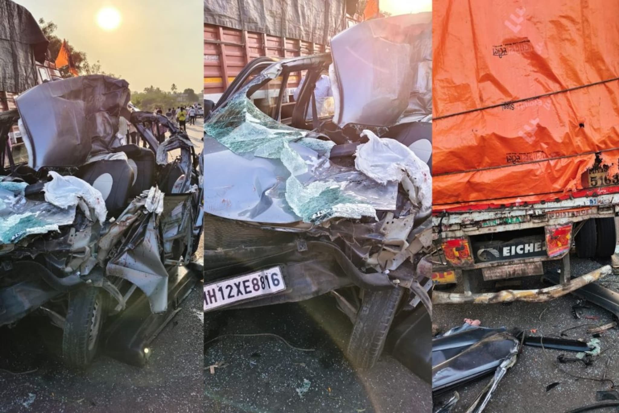 Maruti Eeco कारचा सांगडाच उरला, 3 जणांचा जागीच मृत्यू, इंदापूरमधील PHOTOS