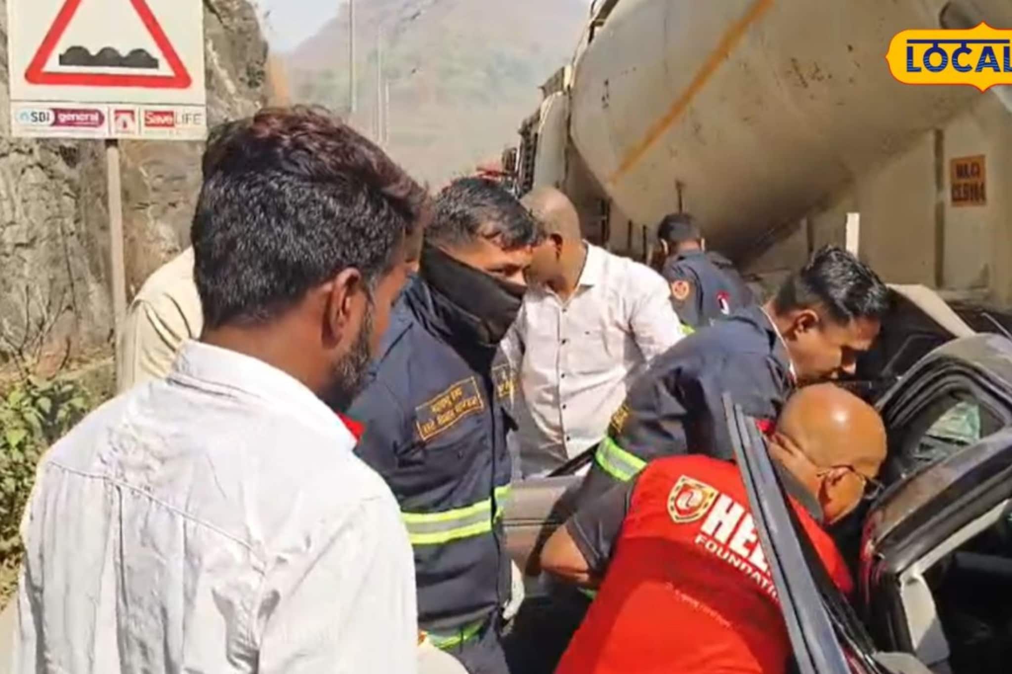 ब्रेक फेल झालेला कंटेनर 'इनोव्हा'वर उलटला; तिघांचा जागीच मृत्यू, मुंबई-पुणे एक्सप्रेसवेवरील भीषण अपघाताचे थरकाप उडवणारे PHOTOS