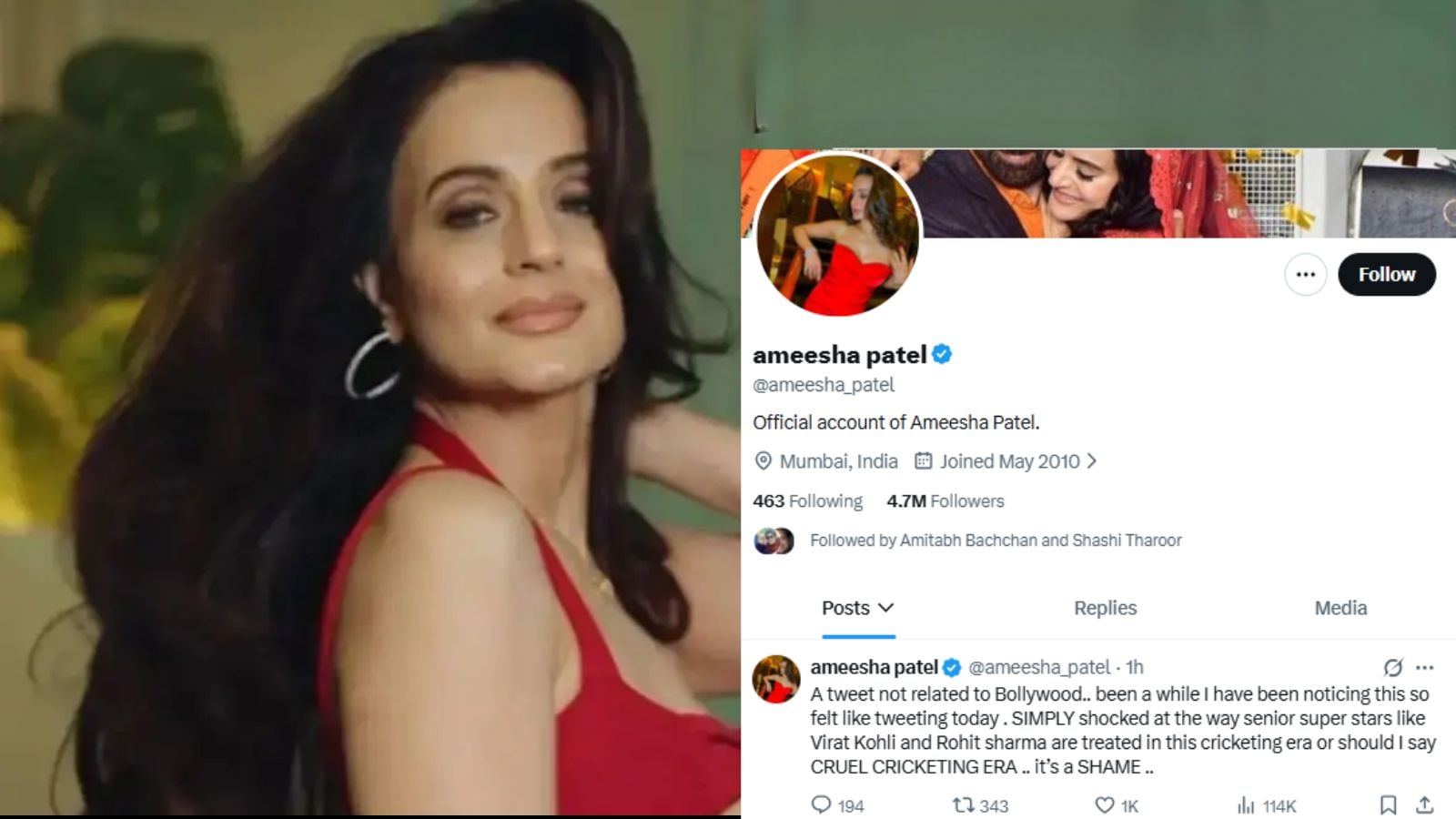 पुढे विषयावर येत ती म्हणते, क्रिकेटच्या या युगात किंवा मी म्हणेन या क्रूर क्रिकेटच्या युगात, विराट कोहली आणि रोहित शर्मासारख्या सिनिअर  सुपरस्टार्सना ज्या प्रकारे वागणूक दिली जाते, ते पाहून मला निव्वळ धक्का बसला आहे.ही एक लाजिरवाणी गोष्ट आहे, अशा शब्दात अमीषा पटेलने राग व्यक्त केला आहे. 