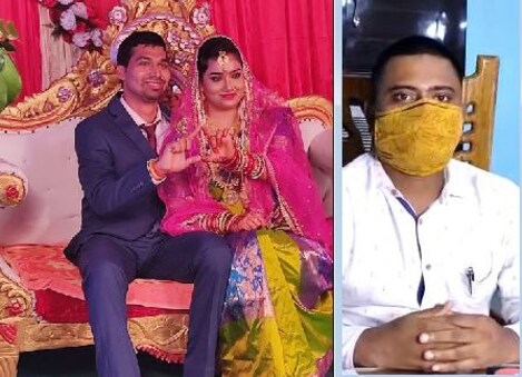 ବିବାହ ସମୟରେ ସୌମ୍ୟରଞ୍ଜନ ମହାପାତ୍ର ଓ ସ୍ତ୍ରୀ ବିଦ୍ୟା ଭାରତୀ; (ଡାହାଣ) ଡି.ଏଫ୍.ଓ. ସଂଗ୍ରାମ କେଶରୀ ବେହେରା
