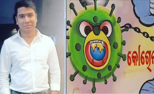 ହୋମ୍ ଆଇସୋଲେସନରେ ସୁସ୍ଥ ହୋଇଥିବା ତାପସ ପ୍ରଧାନ; (ଡାହାଣ) ଗଞ୍ଜାମରେ ଏକ କାନ୍ଥରେ କରୋନା ବାର୍ତ୍ତା