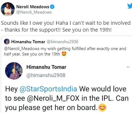  ଭାରତରେ ନେରୋଲିଙ୍କ ପ୍ରଶଂସକଙ୍କ ମଧ୍ୟ ଅଭାବ ନାହିଁ । ପ୍ରଶଂସକମାନେ ଦୀର୍ଘ ଦିନ ଧରି ଟ୍ୱିଟରରେ ବିସିସିଆଇରୁ ଦାବି କରିଆସୁଥିଲେ ଯେ ନେରୋଲିଙ୍କୁ ଆଙ୍କର୍ ପ୍ୟାନେଲରେ ଅନ୍ତର୍ଭୁକ୍ତ କରାଯାଉ । ବର୍ତ୍ତମାନ ସେ ଆଇପିଏଲର ଏକ ଅଂଶ ହୋଇସାରିଥିବାରୁ ସେ ପ୍ରଶଂସକଙ୍କୁ ଧନ୍ୟବାଦ ଜଣାଇଛନ୍ତି । (ଇନଷ୍ଟାଗ୍ରାମ