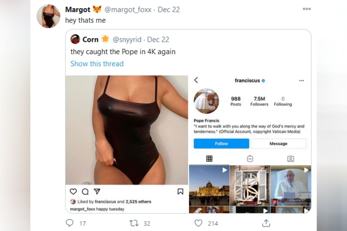  ତା’ ପରେ ମଡେଲ୍ ଜଣକ ପୋପଙ୍କ ଆକାଉଣ୍ଟରୁ ସେହି ଲାଇକର ସ୍କ୍ରିନସଟ୍ ଶେୟାର କରିଥିଲେ ।