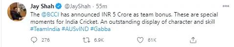  ବିସିସିଆଇ ସଚିବ ଜୟ ଶାହା ଭାରତୀୟ ଦଳର ଅପୂର୍ବ ପ୍ରଦର୍ଶନକୁ ପ୍ରଶଂସା କରିଛନ୍ତି ଓ ସେମାନଙ୍କ ପାଇଁ ପାଞ୍ଚ କୋଟି ଟଙ୍କା ବୋନସ ଘୋଷଣା କରିଛନ୍ତି । (ଫଟୋ କ୍ରେଡିଟ୍: AP)