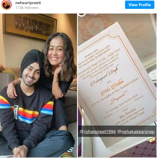  ਵਿਆਹ ਦਾ ਕਾਰਡ ਵਾਇਰਲ ਹੋ ਰਿਹਾ ਹੈ: ਨੇਹਾ ਅਤੇ ਰੋਹਨਪ੍ਰੀਤ ਦੇ ਫੈਨ ਕਲੱਬ ਨੇ ਇੰਸਟਾਗ੍ਰਾਮ 'ਤੇ ਦੋਵਾਂ ਦੇ ਵਿਆਹ ਦੇ ਕਾਰਡ ਸ਼ੇਅਰ ਕੀਤੇ ਗਏ ਹਨ। ਇਸ ਕਾਰਡ ਵਿਚ ਇਹ ਸਪੱਸ਼ਟ ਜਾਪਦਾ ਹੈ ਕਿ ਨੇਹਾ ਅਤੇ ਰੋਹਨਪ੍ਰੀਤ 26 ਅਕਤੂਬਰ ਨੂੰ ਪੰਜਾਬ ਵਿਚ ਵਿਆਹ ਕਰਵਾਉਣ ਜਾ ਰਹੇ ਹਨ, ਹਾਲਾਂਕਿ ਨੇਹਾ ਜਾਂ ਰੋਹਨਪ੍ਰੀਤ ਵਲੋਂ ਅਜੇ ਤੱਕ ਕੋਈ ਅਧਿਕਾਰਤ ਵਿਆਹ ਕਾਰਡ ਸਾਂਝਾ ਨਹੀਂ ਕੀਤਾ ਗਿਆ ਹੈ।