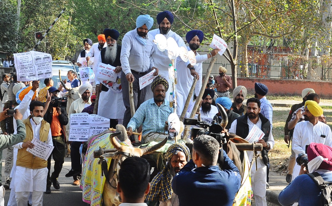 ਚੰਡੀਗੜ੍ਹ : ਸ਼੍ਰੋਮਣੀ ਅਕਾਲੀ ਦਲ ਵਿਧਾਇਕ ਦਲ ਨੇ ਕਾਂਗਰਸ ਸਰਕਾਰ ਵੱਲੋਂ ਡੀਜ਼ਲ ਤੇ ਪੈਟਰੋਲ ’ਤੇ ਵੈਟ ਘਟਾ ਕੇ ਕਿਸਾਨਾਂ ਤੇ ਆਮ ਲੋਕਾਂ ਨੁੰ ਰਾਹਤ ਦੇਣ ਤੋਂ ਇਨਕਾਰ ਕਰਨ ਕਾਰਨ ਅੱਜ ਬੈਲ ਗੱਡਿਆਂ ’ਤੇ ਸਵਾਰ ਹੋ ਕੇ ਵਿਧਾਨ ਸਭਾ ਪਹੁੰਚਿਆ। ਚੰਡੀਗੜ੍ਹ : ਸ਼੍ਰੋਮਣੀ ਅਕਾਲੀ ਦਲ ਵਿਧਾਇਕ ਦਲ ਨੇ ਕਾਂਗਰਸ ਸਰਕਾਰ ਵੱਲੋਂ ਡੀਜ਼ਲ ਤੇ ਪੈਟਰੋਲ ’ਤੇ ਵੈਟ ਘਟਾ ਕੇ ਕਿਸਾਨਾਂ ਤੇ ਆਮ ਲੋਕਾਂ ਨੁੰ ਰਾਹਤ ਦੇਣ ਤੋਂ ਇਨਕਾਰ ਕਰਨ ਕਾਰਨ ਅੱਜ ਬੈਲ ਗੱਡਿਆਂ ’ਤੇ ਸਵਾਰ ਹੋ ਕੇ ਵਿਧਾਨ ਸਭਾ ਪਹੁੰਚਿਆ।