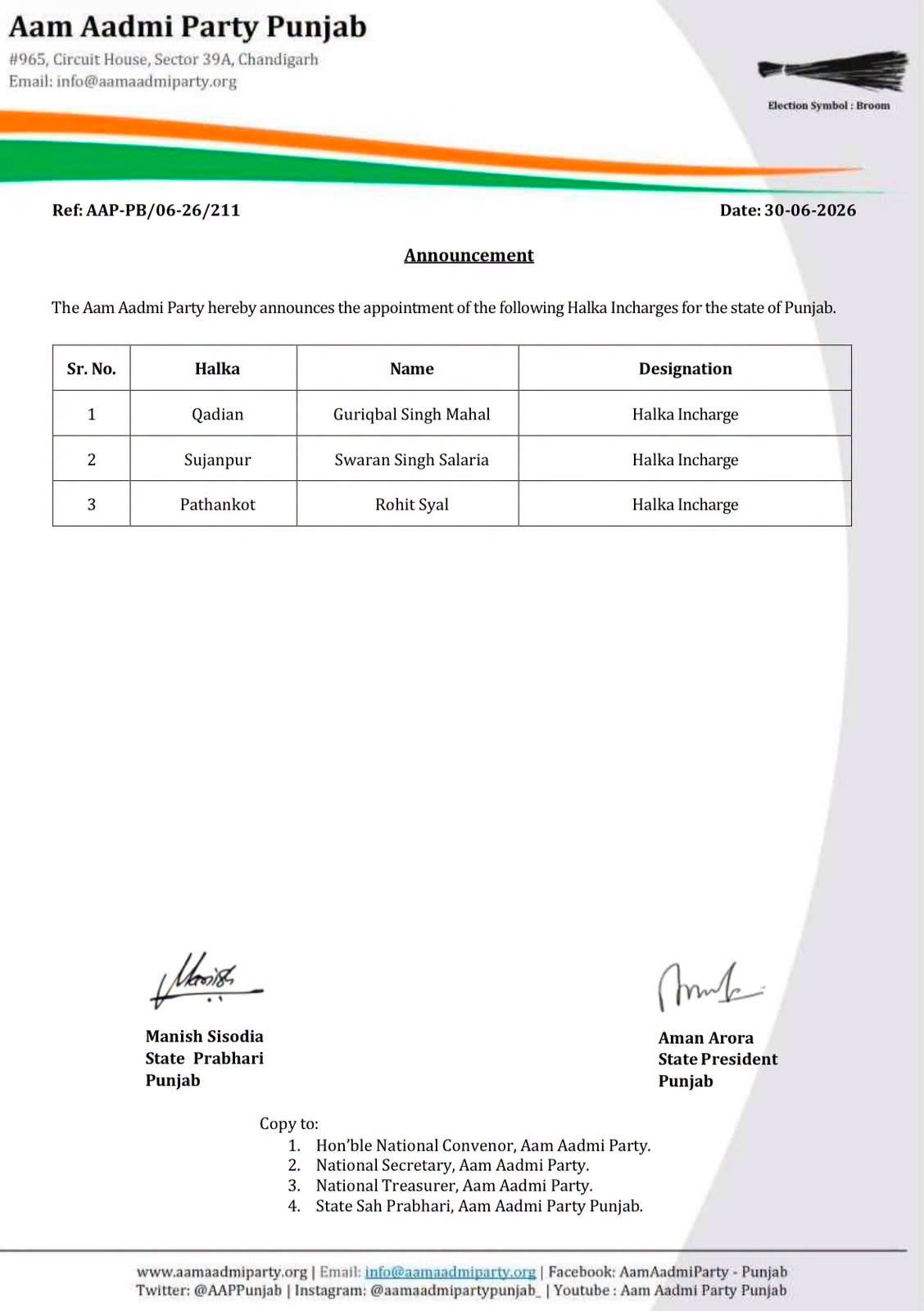 AAP New Halka Incharge
