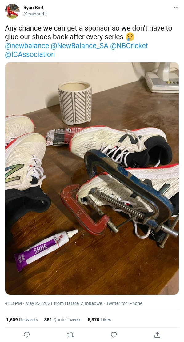 Zimbabwe Cricketer Ryan Burl Reveals He's Gluing Worn-Out Shoes For ...