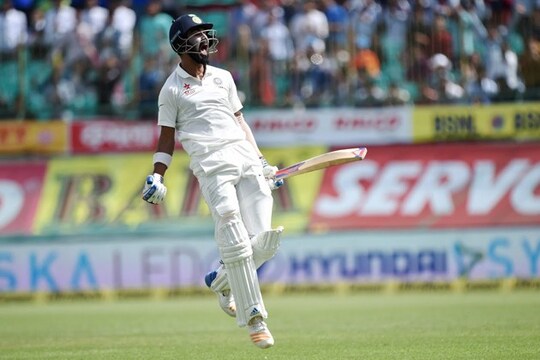India's K L Rahul celebrates after the win against Australia in the final test match at HPCA Stadium in Dharamsala on Tuesday. Photo: PTI