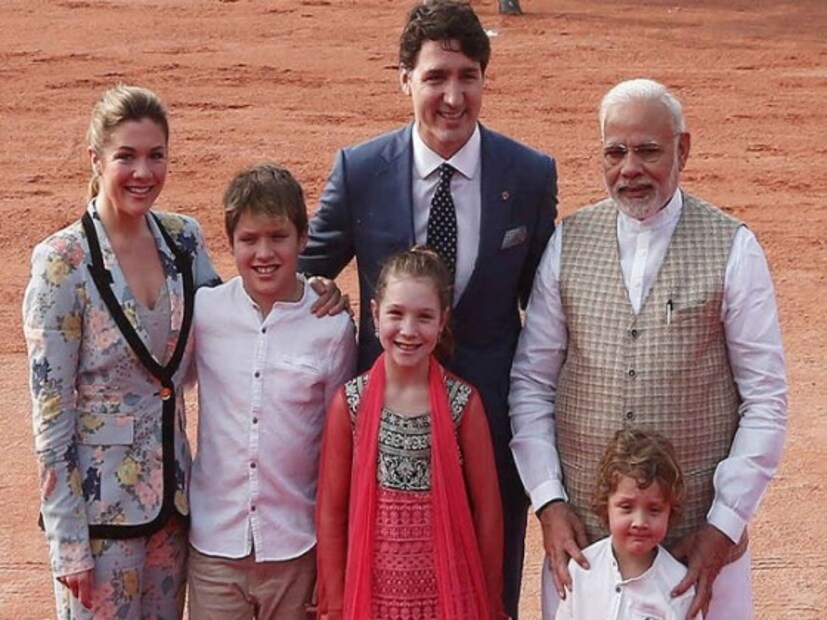 Canadian Prime Minister Justin Trudeau, his wife Sophie Gregoire Trudeau, their daughter Ella Grace, and their sons Xavier and Hadrien pose for photographers with Indian Prime Minister Narendra Modi during Trudeau's ceremonial reception in New Delhi. (Image: Reuters)