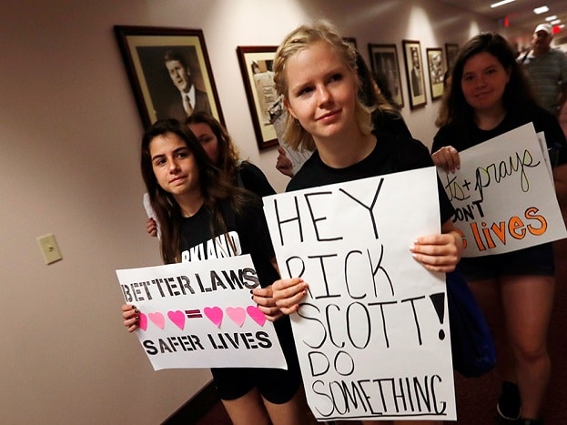 Student survivors from Marjory Stoneman Douglas High School walk through the halls of the state capitol to challenge lawmakers on gun control reform, in Tallahassee. (Image: AP) Student survivors from Marjory Stoneman Douglas High School walk through the halls of the state capitol to challenge lawmakers on gun control reform, in Tallahassee. (Image: AP)