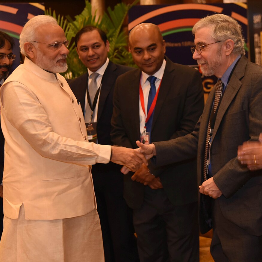 American economist and Nobel laureate Paul Krugman and PM Narendra Modi are seen exchanging greetings at News18 Rising India Summit (Photo: News18) American economist and Nobel laureate Paul Krugman and PM Narendra Modi are seen exchanging greetings at News18 Rising India Summit (Photo: News18)