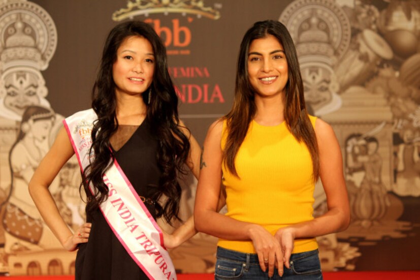 Femina Miss India Tripura 2018 Mamita Debbarma with Actress Rachel White. Photo: Siddhartha Sarkar