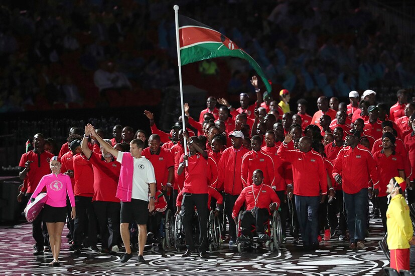 Team Kenya is lead by flag bearer Elijah Manangoia into Carrara Stadium for the opening ceremony for the 2018 Commonwealth Games on the Gold Coast, Australia. (Image: AP)
