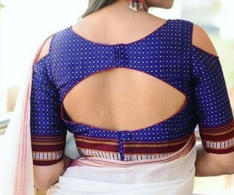 সুতির বোমকাই কাপড়ের কোল্ড শোল্ডার ব্লাউজ। পিঠে ডিম্বাকৃতি করে কাটা। Photo Source : youtube