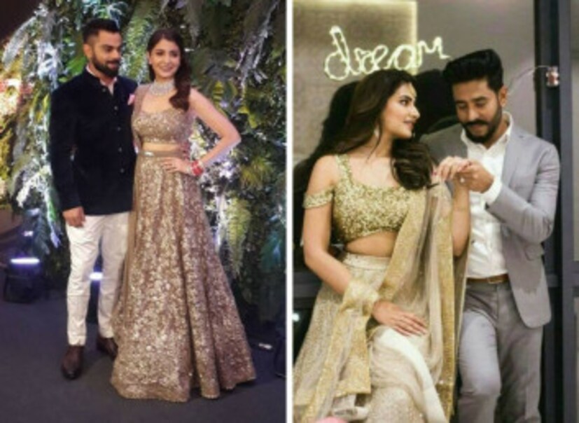 মুম্বই রিসেপশনে অনুষ্কা পরেছিলেন সব্যসাচীর ডিজাইনের বেজ লেহঙ্গা । শুভশ্রীর এনগেজমেন্টের লেহেঙ্গার সঙ্গে সেই পোশাকের মিল পেয়েছেন সকলেই । Image Courtesy: Instagram. 