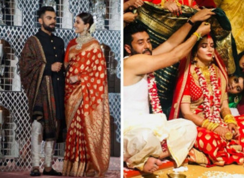 শুভশ্রীর বিয়ের বেনারসি নিয়ে বোধহয় আর আলাদা করে কিছু বলার অপেক্ষা রাখে না । অনুষ্কার দিল্লির রিসেপশনের শাড়ির একেবারে কপি । সব্যসাচীর ডিজাইনার লাল বেনারসি পরেছিলেন দুজনেই । এই শাড়ি পরে এর মধ্যেই কপিক্যাট বলে সোশ্যাল মিডিয়ায় ট্রোলড শুভশ্রী । Image Courtesy: Instagram. 