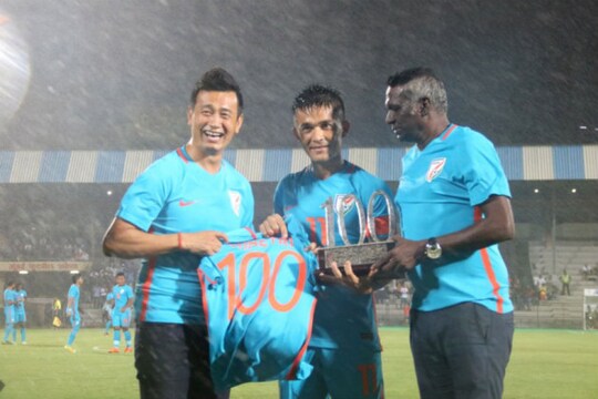 Sunil Chhetri being felicitated before his 100th match. (Twitter/ Indian Football Team)