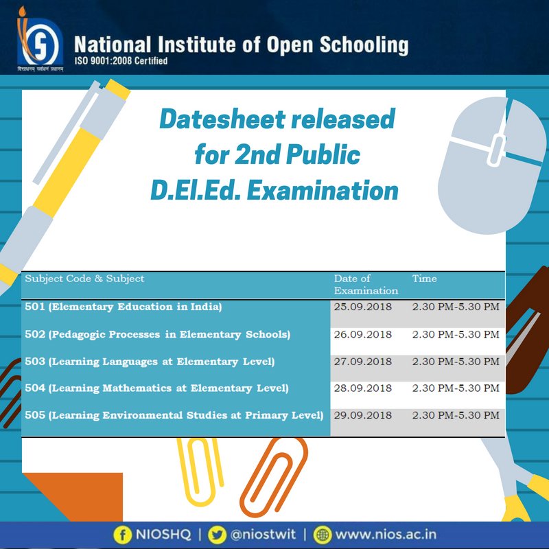 501 (এলিমেন্টারি এডুকেশন ইন ইন্ডিয়া) : 25 সেপ্টেম্বর502(পেডাগোগিক প্রসেসেস ইন এলিমেন্টারি স্কুলস) : 26 সেপ্টেম্বর503 (লার্নিং ল্যাঙ্গুয়েজেস অ্যাট এলিমেন্টারি লেভেল): 27 সেপ্টেম্বর504 (লার্নিং মেথমেটিকস অ্যাট এলিমেন্টারি লেভেল): 28 সেপ্টেম্বর505 (লার্নি এনভায়রনমেন্ট স্টাডিস অ্যাট প্রাইমারি লেভেল): 29 সেপ্টেম্বর 501 (এলিমেন্টারি এডুকেশন ইন ইন্ডিয়া) : 25 সেপ্টেম্বর502(পেডাগোগিক প্রসেসেস ইন এলিমেন্টারি স্কুলস) : 26 সেপ্টেম্বর503 (লার্নিং ল্যাঙ্গুয়েজেস অ্যাট এলিমেন্টারি লেভেল): 27 সেপ্টেম্বর504 (লার্নিং মেথমেটিকস অ্যাট এলিমেন্টারি লেভেল): 28 সেপ্টেম্বর505 (লার্নি এনভায়রনমেন্ট স্টাডিস অ্যাট প্রাইমারি লেভেল): 29 সেপ্টেম্বর
