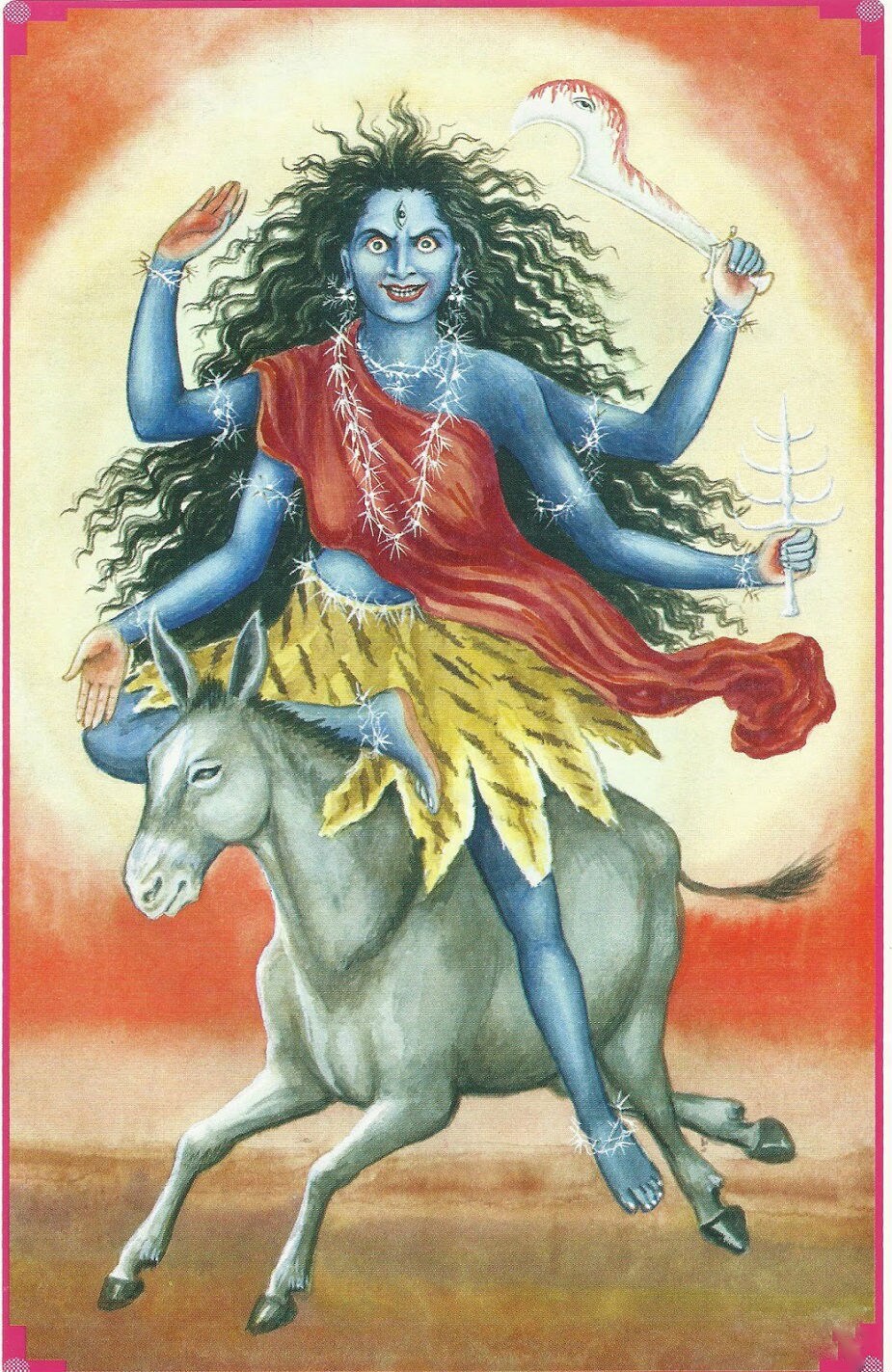 সপ্তম রূপ কালরাত্রি। ঋগ্বেদের রাত্রিসুক্তে পরমাত্মাই রাত্রিদেবী। মহাপ্রলয়কালে এই রাত্রিরূপিণী মাতার কোলেই বিলয় হয় বিশ্বের।অনন্ত মহাকাশে নৃত্যরত কালভৈরবের দেহ থেকেই আবির্ভূতা ইনি দেবী যোগনিদ্রা মহাকালিকা বা কালরাত্রি নামে আখ্যাত। মা কালরাত্রি অল্প বয়সে কোনও ফাঁড়া থাকলে তা নাশ করেন। (Photo collected) সপ্তম রূপ কালরাত্রি। ঋগ্বেদের রাত্রিসুক্তে পরমাত্মাই রাত্রিদেবী। মহাপ্রলয়কালে এই রাত্রিরূপিণী মাতার কোলেই বিলয় হয় বিশ্বের।অনন্ত মহাকাশে নৃত্যরত কালভৈরবের দেহ থেকেই আবির্ভূতা ইনি দেবী যোগনিদ্রা মহাকালিকা বা কালরাত্রি নামে আখ্যাত। মা কালরাত্রি অল্প বয়সে কোনও ফাঁড়া থাকলে তা নাশ করেন। (Photo collected)