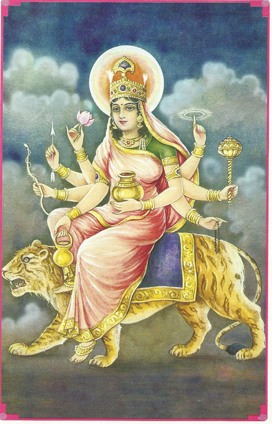 চতুর্থ রূপ কুষ্মণ্ডা। উষ্মার অর্থ তাপ । দুর্বিষহ ত্রিতাপ হল কুষ্মা। আর যিনি এই ত্রিতাপ নিজের উদরে বা অন্ডে ধারণ করেন অর্থাৎ সমগ্র সংসার ভক্ষণ করেন ইনি। মা কুষ্মণ্ডা সুখ ও সমৃদ্ধি দেন। (Photo collected চতুর্থ রূপ কুষ্মণ্ডা। উষ্মার অর্থ তাপ । দুর্বিষহ ত্রিতাপ হল কুষ্মা। আর যিনি এই ত্রিতাপ নিজের উদরে বা অন্ডে ধারণ করেন অর্থাৎ সমগ্র সংসার ভক্ষণ করেন ইনি। মা কুষ্মণ্ডা সুখ ও সমৃদ্ধি দেন। (Photo collected