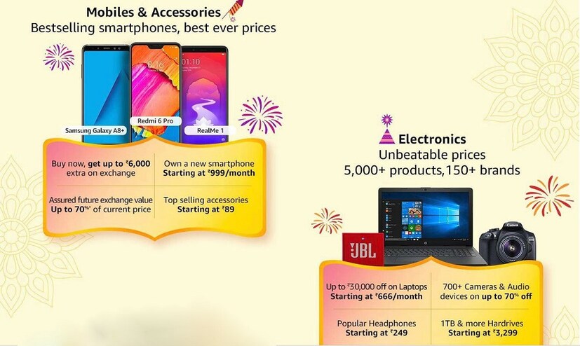 জনপ্রিয় Redmi 6 Pro, Samsung Galaxy A8+, Realme 1 এর মতো ফোনে থাকবে বিশাল ছাড়। ল্যাপটপে 25,000 টাকা, ক্যামেরা ও অডিও প্রোডাক্টে 70 শতাংশ পর্যন্ত ছাড় পাওয়া যাবে। মাত্র 249 টাকা থেকে পাওয়া যাবে হেডফোন। এছাড়াও 3,299 টাকায় কেনা যাবে 1TB হার্ড ড্রাইভ। (Photo: Screenshot)