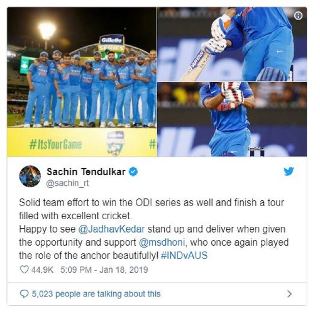 ধোনি -কেদার যাদবের প্রশংসার পাশাপাশি সচিন এই জয়কে গোটা দলের সঙ্ঘবদ্ধ পারফরম্যান্স বলেছেন ৷ Photo Courtesy - Twitter Handle 