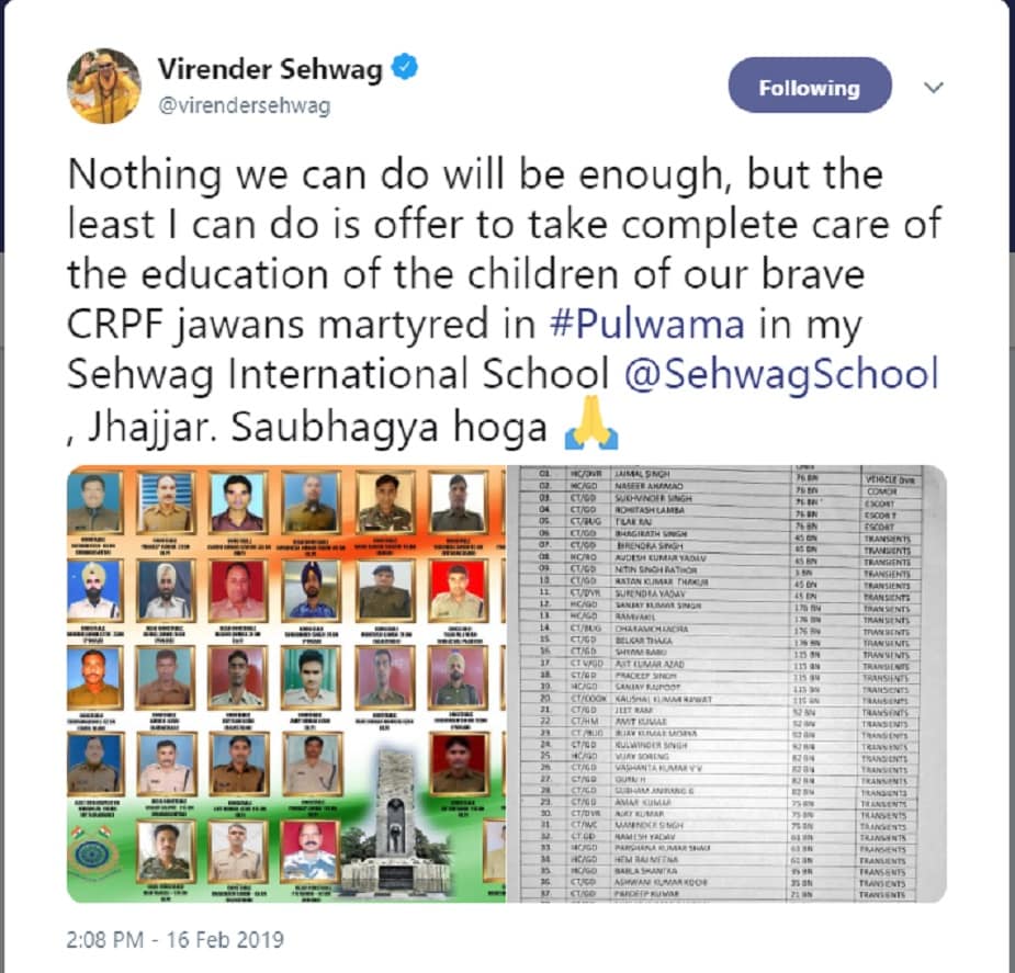 ♦ বীরু এদিন জানান, হরিয়ানার ঝাঝর ও গুরগাঁওয়ে অবস্থিত সেহওয়াগ আন্তর্জাতিক স্কুলে শহিদ জওয়ানের সন্তানদের বিনামূল্যে লেখাপড়ার ব্যবস্থা করা হবে। ♦ বীরু এদিন জানান, হরিয়ানার ঝাঝর ও গুরগাঁওয়ে অবস্থিত সেহওয়াগ আন্তর্জাতিক স্কুলে শহিদ জওয়ানের সন্তানদের বিনামূল্যে লেখাপড়ার ব্যবস্থা করা হবে।