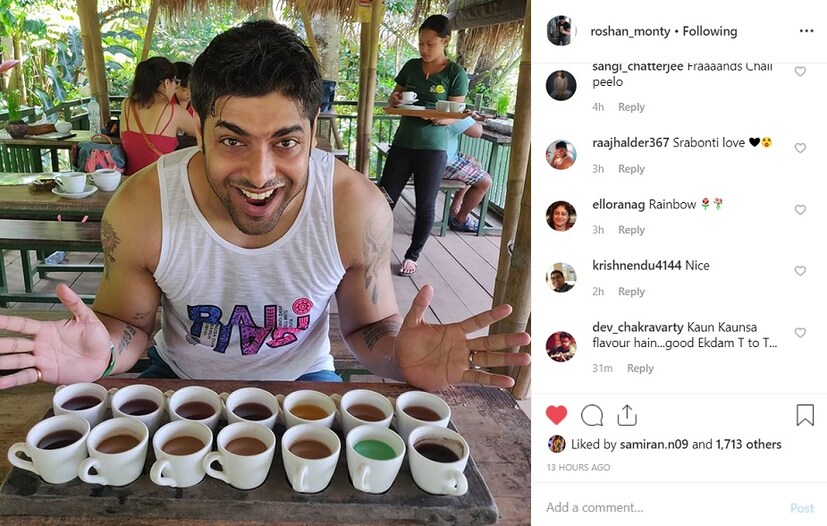  ♦ অন্য আরও একটি ছবিতে দেখা যাচ্ছে রোশনের সামনে থরে থরে সাজানো চায়ের পেয়ালা ৷ বোঝাই যাচ্ছে কাজ-কর্ম থেকে অনেক দূরে, নিশ্চিন্তে একান্তে সময় কাটাতে ব্যস্ত যুগলে ৷ ছবি: ইনস্টাগ্রাম ৷