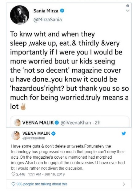 এরপর সানিয়া আবার ম্যাগাজিনের কভারে বীণার ছবি নিয়ে একটি ট্যুইট করে বলেন বীণা যেন নিজের সন্তানকে এই সব দেখা থেকে সরিয়ে রাখেন ৷ Photo Courtesy- Twitter