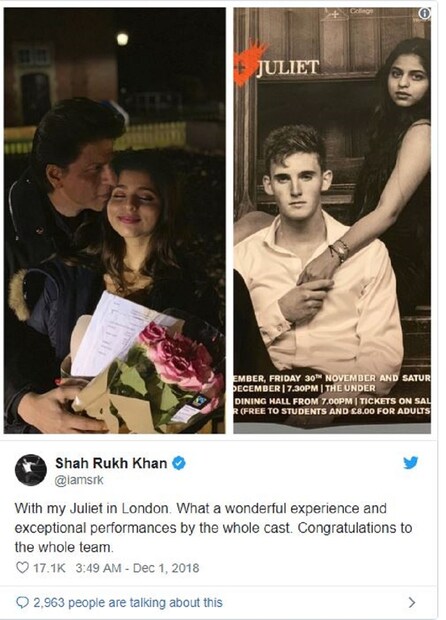বাবার মতো থিয়েটার দিয়েই অভিনয়ের হাতেখড়ি করছেন সুহানা। সম্প্রতি লন্ডনে একটি নাটক করেন যেখানে সুন্দরীকে দেখা যায় 'জুলিয়েট'-এর চরিত্রে। আর মেয়ের অভিনয় বলে কথা ? ব্যস্ত শেডিউলের ফাঁকেও কিং খান উড়ে গেলেন লন্ডন। দর্শকাসনে বসে, সামনে মেয়ের অভিনয় দেখতে দেখতে বাদশার চোখে তখন আনন্দাশ্রু! Photo Source: Instagram/ Suhana Khan