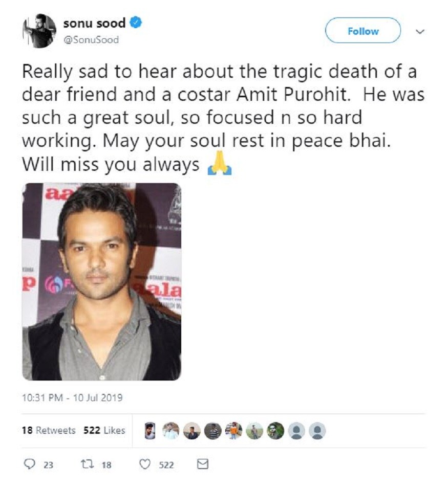 সোনু সুদের বার্তা-খুবই দুঃখজনক এই মৃত্যু৷ আমার খুব ভাল বন্ধু ছিল অমিত৷ তোমায় মিস করব৷ Photo Courtesy: Twitter সোনু সুদের বার্তা-খুবই দুঃখজনক এই মৃত্যু৷ আমার খুব ভাল বন্ধু ছিল অমিত৷ তোমায় মিস করব৷ Photo Courtesy: Twitter