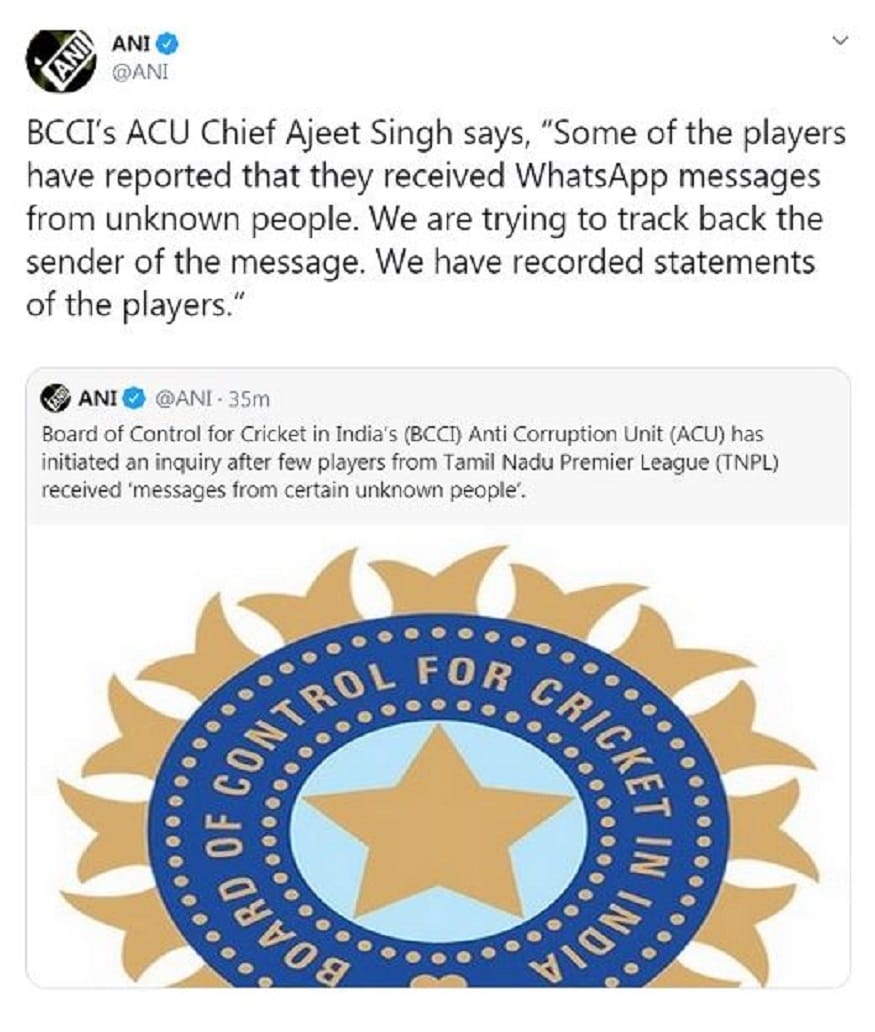তদন্তে আইপিএলে নিয়মিত খেলেন এমন এক ক্রিকেটার ও রনজি ট্রফির এক কোচের নাম সামনে এসেছে ৷ যারা তামিলনাড়ু প্রিমিয়ার ক্রিকেট লিগে অত্যন্ত প্রভাবশালী ৷ বোর্ডের দুর্নীতিদমন শাখার প্রধান জানিয়েছেন ফিক্সাররা নিয়মিত এই বষয়গুলিকে নজরে রেখে ক্রিকেটারদের সঙ্গে যোগাযোগের চেষ্টা করতে থাকেন ৷ Photo- ANI/ Twitter তদন্তে আইপিএলে নিয়মিত খেলেন এমন এক ক্রিকেটার ও রনজি ট্রফির এক কোচের নাম সামনে এসেছে ৷ যারা তামিলনাড়ু প্রিমিয়ার ক্রিকেট লিগে অত্যন্ত প্রভাবশালী ৷ বোর্ডের দুর্নীতিদমন শাখার প্রধান জানিয়েছেন ফিক্সাররা নিয়মিত এই বষয়গুলিকে নজরে রেখে ক্রিকেটারদের সঙ্গে যোগাযোগের চেষ্টা করতে থাকেন ৷ Photo- ANI/ Twitter