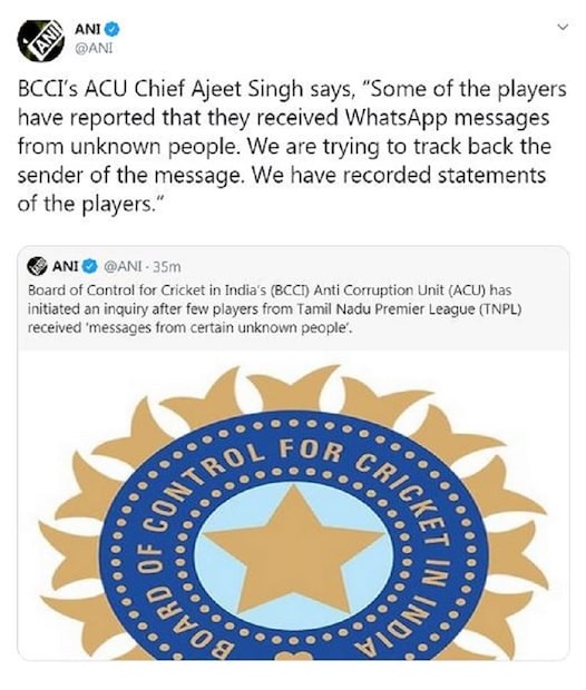 তদন্তে আইপিএলে নিয়মিত খেলেন এমন এক ক্রিকেটার ও রনজি ট্রফির এক কোচের নাম সামনে এসেছে ৷ যারা তামিলনাড়ু প্রিমিয়ার ক্রিকেট লিগে অত্যন্ত প্রভাবশালী ৷ বোর্ডের দুর্নীতিদমন শাখার প্রধান জানিয়েছেন ফিক্সাররা নিয়মিত এই বষয়গুলিকে নজরে রেখে ক্রিকেটারদের সঙ্গে যোগাযোগের চেষ্টা করতে থাকেন ৷ Photo- ANI/ Twitter 