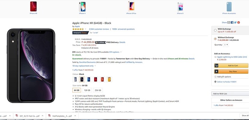 iPhone XR-এ পাওয়া যাচ্ছে আকর্ষণীয় ছাড়। Great Indian Festival সেলে iphone XR-এর 64GB স্টোরেজ ভেরিয়েন্ট পাওয়া যাচ্ছে মাত্র  44,999 টাকায়। এই ফোন লঞ্চ হয়েছিল 49,900 টাকায়।  