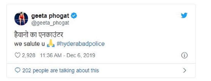 গীতা ফোগটও একইভাবে এই এনকাউন্টারের পক্ষে সওয়াল করেছেন ৷ Photo Courtesy- Twitter