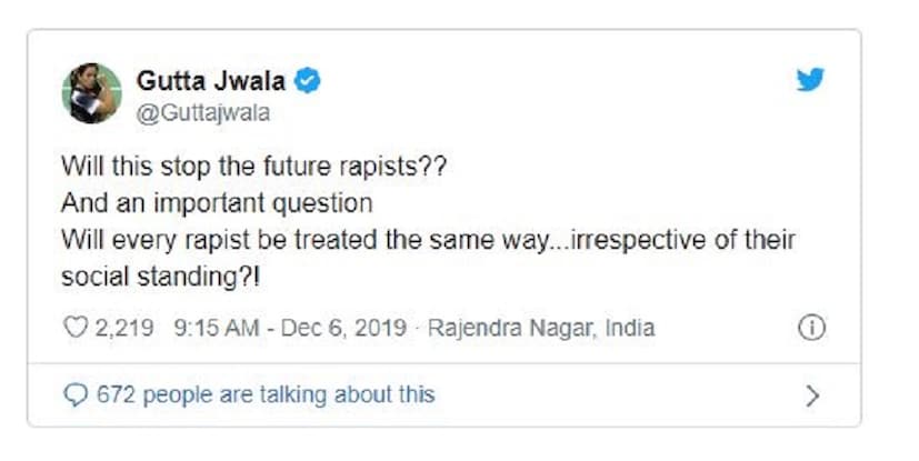 তবে জ্বওলা গুট্টা এই ঘটনায় তিনি প্রশ্ন তুলেছেন ৷ তিনি জানিয়েছেন এই ঘটনা কি সবার সঙ্গেই হবে ৷ মানে ধর্ষকদের সঙ্গে এই বিচারই হবে৷ Photo Courtesy-  Twitter