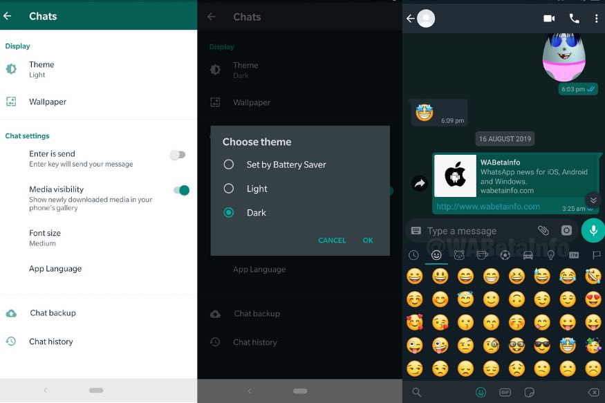 এরপর ইউজার ৪টি অপশন দেখতে পাবে - Light theme, Dark theme, System Default আর Set by Battery Saver। এখানে Dark অপশন দেখতে পাবেন। এই অপশন সিলেক্ট করলেই ডার্ক ইন্টারফেস দেখা যাবে। এরপর ইউজার ৪টি অপশন দেখতে পাবে - Light theme, Dark theme, System Default আর Set by Battery Saver। এখানে Dark অপশন দেখতে পাবেন। এই অপশন সিলেক্ট করলেই ডার্ক ইন্টারফেস দেখা যাবে।