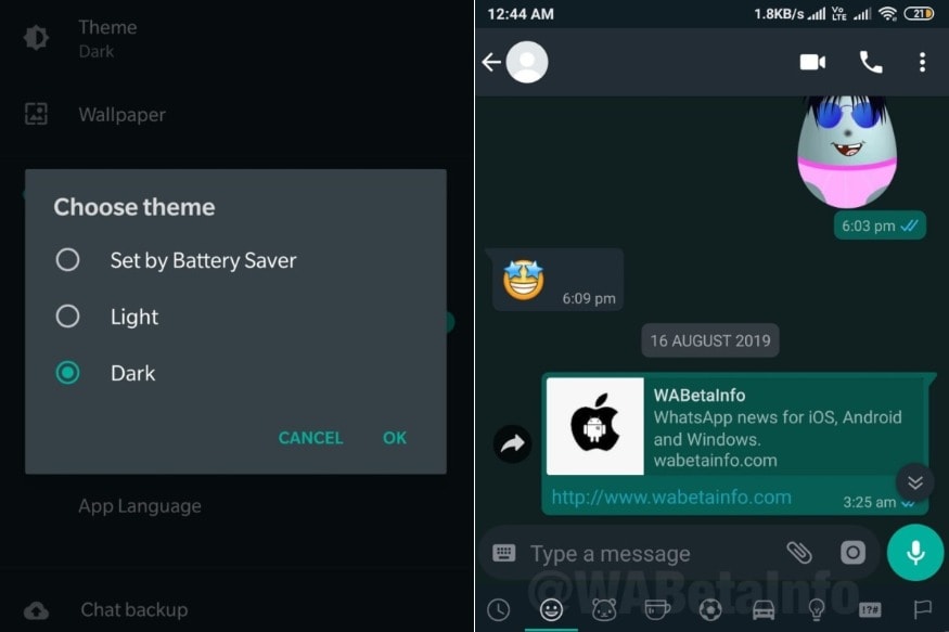 WAbetainfo ট্যুইট করে জানিয়েছে যে WhatsApp-এর বিটা ভার্সনের জন্য ডার্ক থিম লঞ্চ করে দিয়েছে। এবার কোনও ইউজার চাইলে নিজের চ্যাটের ব্যাকগ্রাউন্ডের রঙ বদল করতে পাড়বে। নতুন এই ডার্ক থিম কেমন দেখতে হবে সেটারও স্ক্রিনসট ট্যুইটে শেয়ার করেছে WAbetainfo। WAbetainfo ট্যুইট করে জানিয়েছে যে WhatsApp-এর বিটা ভার্সনের জন্য ডার্ক থিম লঞ্চ করে দিয়েছে। এবার কোনও ইউজার চাইলে নিজের চ্যাটের ব্যাকগ্রাউন্ডের রঙ বদল করতে পাড়বে। নতুন এই ডার্ক থিম কেমন দেখতে হবে সেটারও স্ক্রিনসট ট্যুইটে শেয়ার করেছে WAbetainfo।