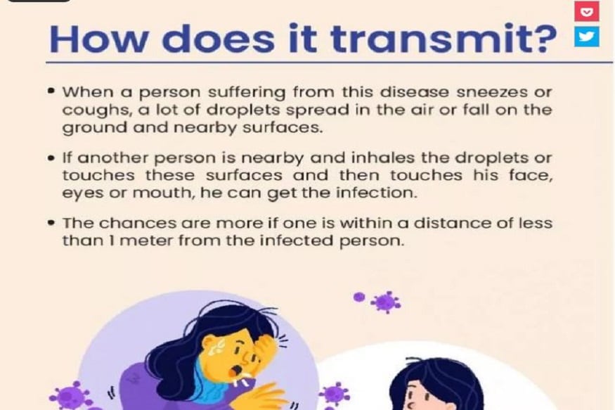 কি করে এই ভাইরাস ছড়ায় ? যখন কারও এই ভাইরাস থাকে এবং সে কফ বা থুথু ফেলে সেখান থেকে ছড়ায় এই ভাইরাস। তার কাছে যে ব্যক্তি থাকবে তাকে ধরে নেবে এই ভাইরাস। এবার অপর ব্যক্তি যদি ভাইরাসের সংস্পর্শে এসে তার মুখে বা নাকে আত দেন তাহলেই তার শরীরে ভাইরাস প্রবেশ করে যাবে। তাই কমকরে করোনা আক্রান্তা ব্যক্তি বা যেকোনও কারও থেকে এই সময়টা কমকরে ১ মিটার দূরত্ব বজায় রেখে চলুন। (Image: AIIMS) কি করে এই ভাইরাস ছড়ায় ? যখন কারও এই ভাইরাস থাকে এবং সে কফ বা থুথু ফেলে সেখান থেকে ছড়ায় এই ভাইরাস। তার কাছে যে ব্যক্তি থাকবে তাকে ধরে নেবে এই ভাইরাস। এবার অপর ব্যক্তি যদি ভাইরাসের সংস্পর্শে এসে তার মুখে বা নাকে আত দেন তাহলেই তার শরীরে ভাইরাস প্রবেশ করে যাবে। তাই কমকরে করোনা আক্রান্তা ব্যক্তি বা যেকোনও কারও থেকে এই সময়টা কমকরে ১ মিটার দূরত্ব বজায় রেখে চলুন। (Image: AIIMS)
