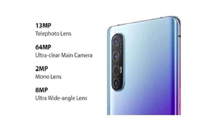 Oppo Reno 3-র পিছনে রয়েছে ৪টি ক্যামেরা। এর মধ্যে থকাছে 64 মেগাপিক্সেল প্রাইমারি সেন্সর, 13 মেগাপিক্সেল টেলিফটো লেন্স, 2 মেগাপিক্সেল মনোক্রোম লেন্স ও 8 মেগাপিক্সেল ওয়াইড অ্যাঙ্গেল ক্যামেরা। থাকছে 5x হাইব্রিড যুম-এর সঙ্গে রয়েছে 20x ডিজিটাল জুম। Oppo Reno 3-র পিছনে রয়েছে ৪টি ক্যামেরা। এর মধ্যে থকাছে 64 মেগাপিক্সেল প্রাইমারি সেন্সর, 13 মেগাপিক্সেল টেলিফটো লেন্স, 2 মেগাপিক্সেল মনোক্রোম লেন্স ও 8 মেগাপিক্সেল ওয়াইড অ্যাঙ্গেল ক্যামেরা। থাকছে 5x হাইব্রিড যুম-এর সঙ্গে রয়েছে 20x ডিজিটাল জুম।